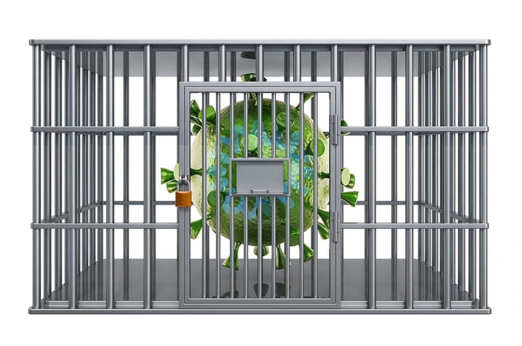 Large COVID-19 virus behind bars in a jail cell